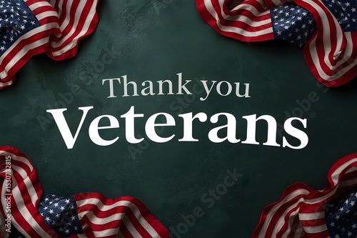 Some american flags and the text thank you veterans against a dark green background