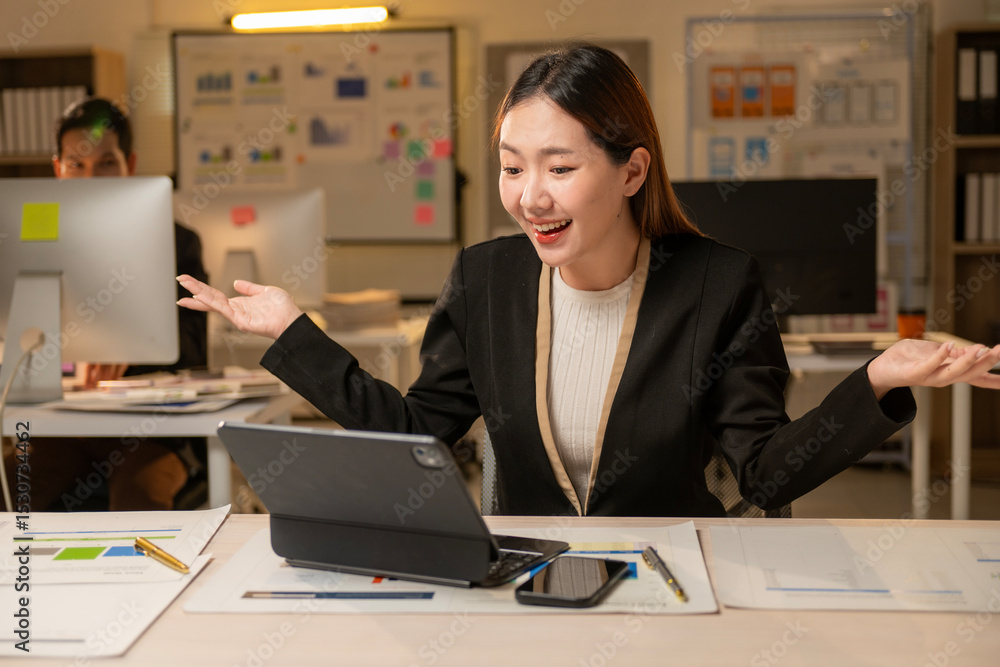 A woman in a black suit is sitting at a desk with a tablet in front of her A woman in a black suit is sitting at a desk with a tablet in front of her