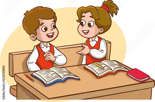 Two children classmates sitting at desk in classroom and chatting, Various students sitting at desk with school supplies and backpacks, children sharing their belongings