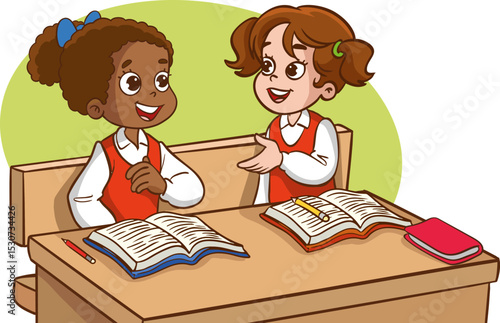 Two children classmates sitting at desk in classroom and chatting, Various students sitting at desk with school supplies and backpacks, children sharing their belongings