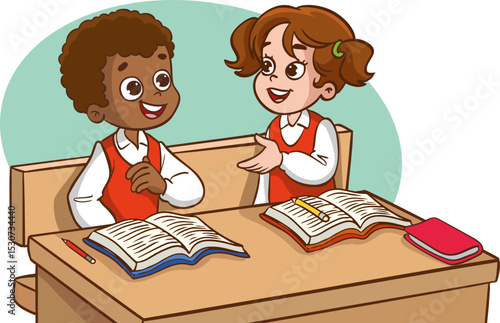Two children classmates sitting at desk in classroom and chatting, Various students sitting at desk with school supplies and backpacks, children sharing their belongings