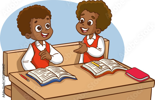 Two children classmates sitting at desk in classroom and chatting, Various students sitting at desk with school supplies and backpacks, children sharing their belongings