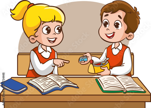 Two children classmates sitting at desk in classroom and chatting, Various students sitting at desk with school supplies and backpacks, children sharing their belongings