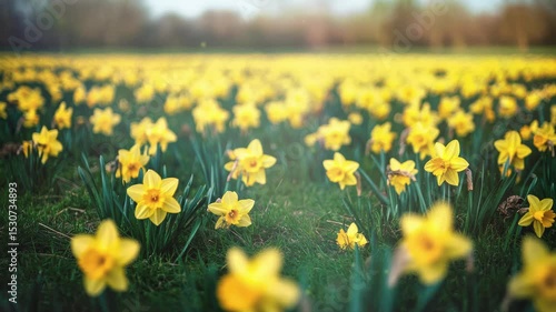 Bright yellow daffodils in lush spring field
