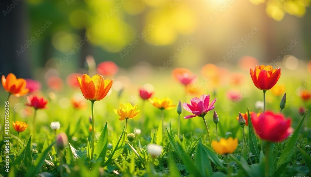 Vibrant spring flowers blooming in a lush green meadow bathed in warm sunlight, a quintessential springtime scene , spring bloom, green, fresh Vibrant spring flowers blooming in a lush green meadow bathed in warm sunlight, a quintessential springtime scene , spring bloom, green, fresh