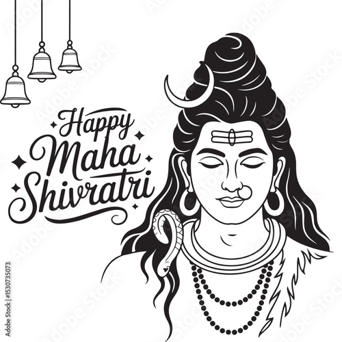 Lord shiva illustration with happy maha shivratri message in black and white design

