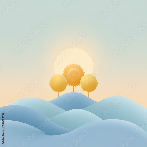 Three trees stand atop rolling hills beneath sun. Dreamy landscape, peaceful nature scene, calm serenity.