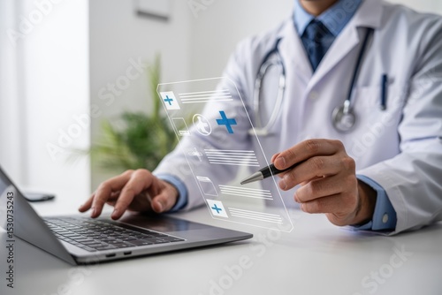 Doctor using a laptop and a holographic medical document.