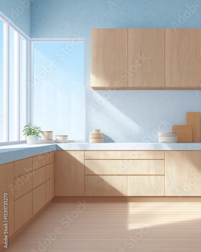 Modern kitchen interior with sunlight streaming in. Clean interior design, minimalist kitchen, light wood cabinets, natural light, home decor