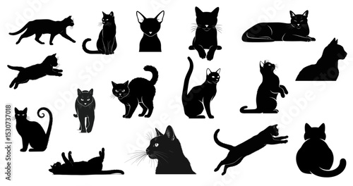 Set of collection silhouete cat icon vector with variation pose and gesture isolated on transparent background