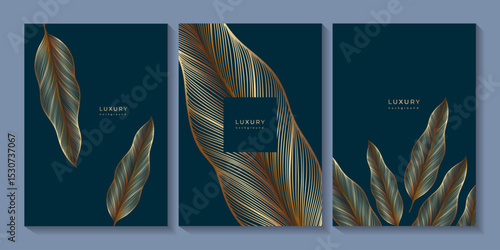 Set of tropical luxury templates with gold leaves. Linear banana leaf on dark blue background. Botanical wedding invitations with plants. Floral pattern