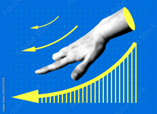 Business data analytic concept. Halftone hand shows graph of falling sales. Modern collage. Sales decline chart with arrow down. Problems in business. Financial collapse. Sales market decline