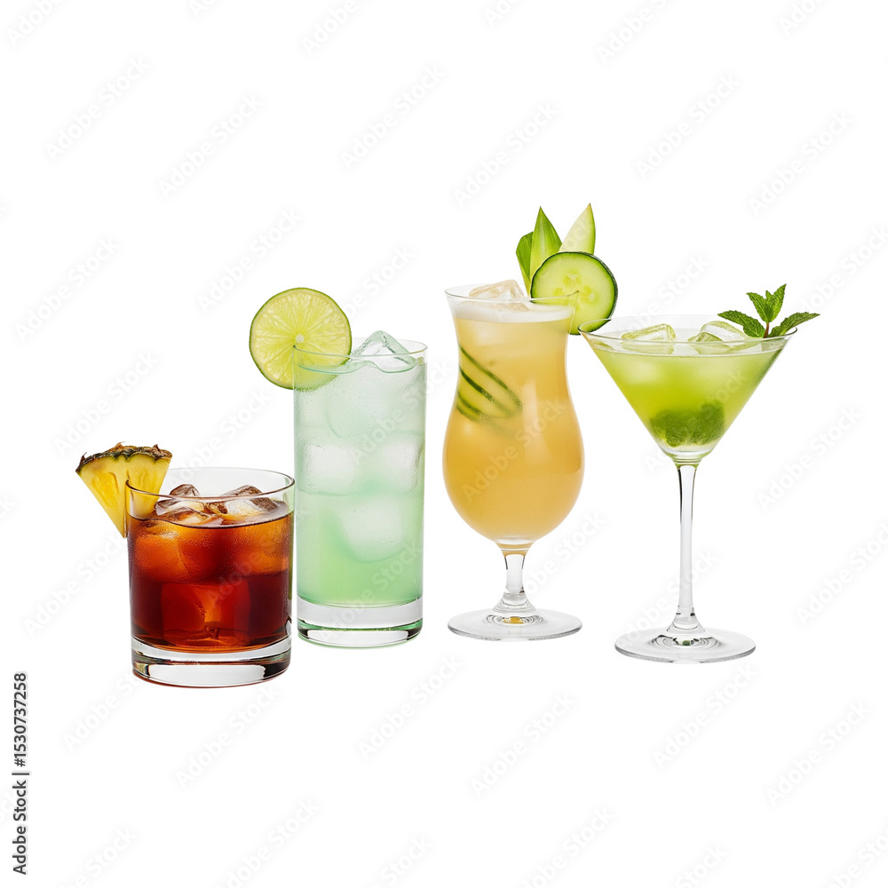 Fototapeta premium Four refreshing summer cocktails with garnish