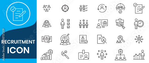 Recruitment icon collection set. Containing job search, interview, job fair, screening, short listed, employee icon. Simple flat vector