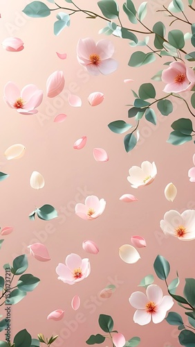 Floating soft petals and leaves, pastel background
