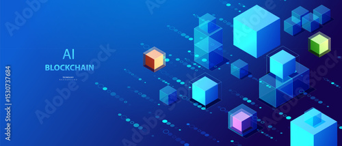 Blockchain ai isometric concept. Cryptocurrency and blockchain connected cube blocks banner. Big data Ai chain technology background. Data transmission crypto operations vector.