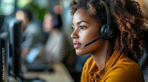 Young woman wearing headphones, likely in a call center