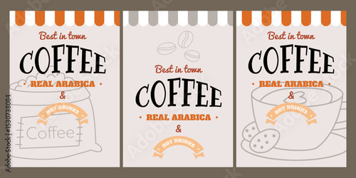 Covers of Coffee Shop poster minimal and modern design, food and drink concept, menu template and mockup design, coffee cup. Cafe and coffeeshop design. Concept doodle illustrations of coffee