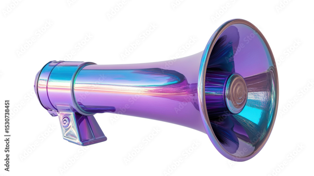 A colorful megaphone sits against a white background, reflecting various light patterns and showcasing its sleek design A colorful megaphone sits against a white background, reflecting various light patterns and showcasing its sleek design