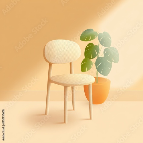 Chair sits beside plant pot in sunny room. Minimalist interior design, home decor, domestic comfort, modern furniture, indoor plants, living space, scandinavian style