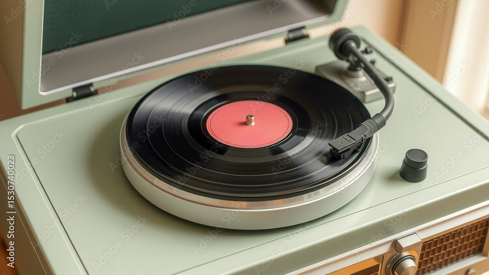 Fototapeta premium Retro turntable with vinyl record. Vintage audio equipment for lovers of analog sound. Nostalgia, style and musical inspiration.
