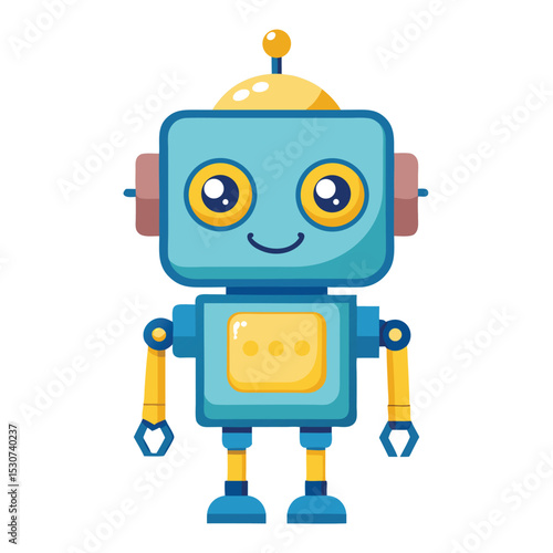 Adorable cartoon robot illustration in blue yellow and brown colors on white background