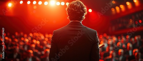 A speaker's back is visible, facing a large, blurred audience in a dimly lit auditorium with red stage lighting