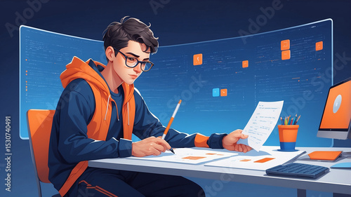 Young man working on code analyzing documents with computer and programming interface