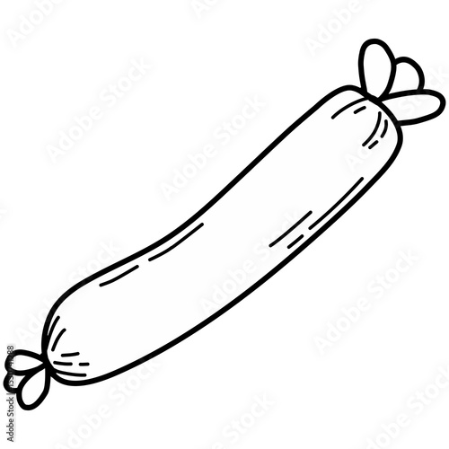 Cartoon Sausage Illustration. Hand-drawn style illustration of a sausage. Red meat sausage with tied ends, isolated on a white background. Perfect for food-related content, cooking themes, restaurant.