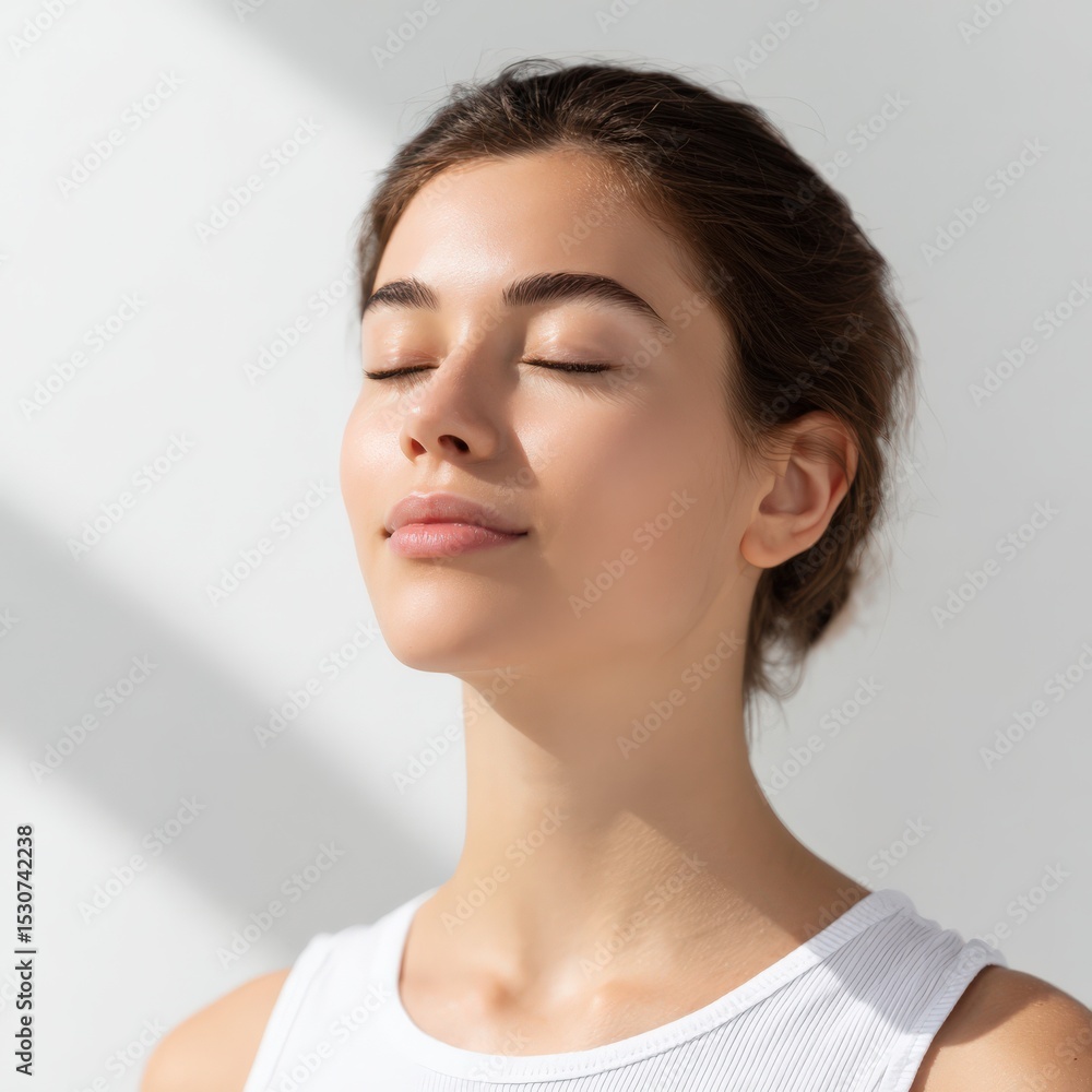 Woman meditates peacefully with eyes closed in the sun. Mental wellness, mindfulness, self-care, inner peace, tranquility. Woman meditates peacefully with eyes closed in the sun. Mental wellness, mindfulness, self-care, inner peace, tranquility.