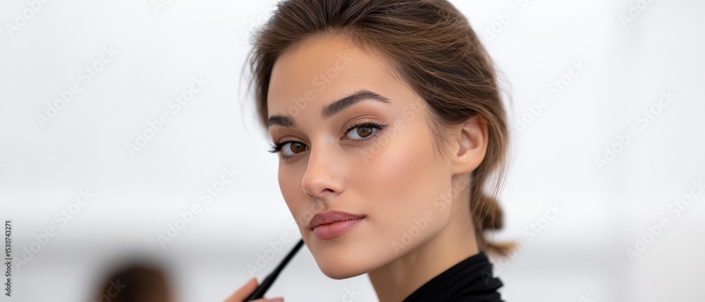 Obraz premium Woman applies makeup using brush for cosmetic enhancement. Beauty, cosmetics, glamour, fashion, style.