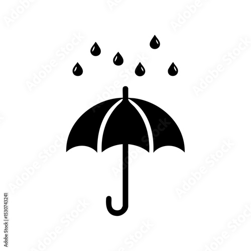 Black minimalist icon of umbrella with raindrops representing rain protection.

