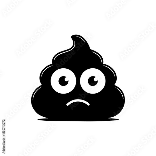 Cute sad poop emoji face in black vector style.

