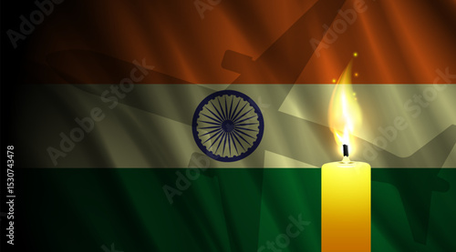 Vector darkened wavy flag of India. Funeral burning wax bright candle. Plane shadow. Airplane crash