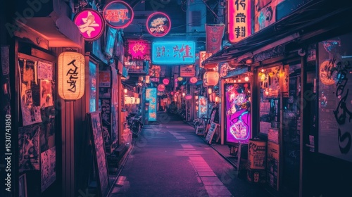 Neon-lit alleyway in a Japanese city at night. Vibrant colors, glowing signs, and shops line the narrow street