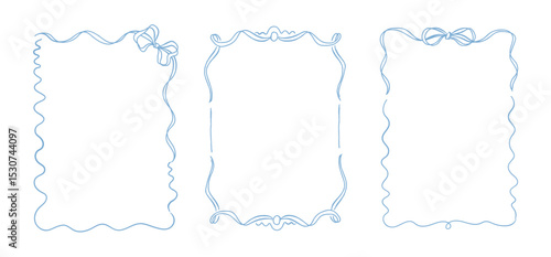 Set of three frames with ribbon bows in doodle style. Hand-drawn vector template with copy space. Trendy coquette borders for greeting card, wedding invitation, birthday card, print