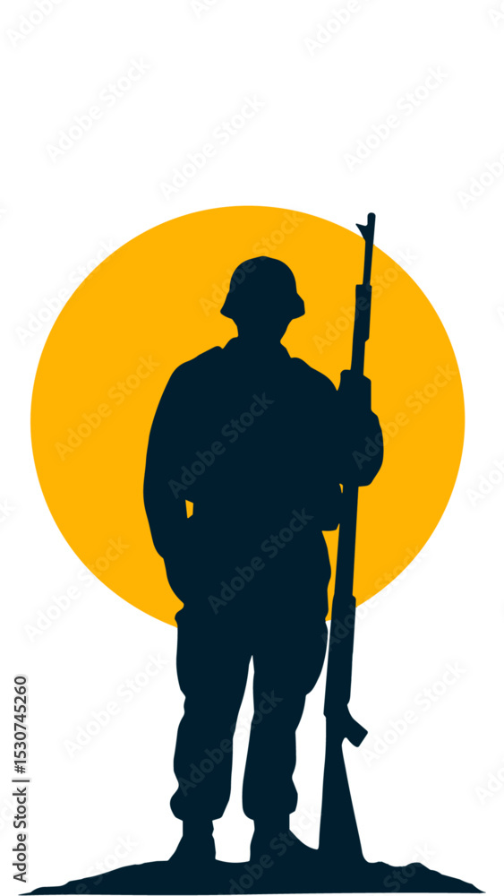 Soldier silhouette standing with rifle against yellow sunset, remembrance Soldier silhouette standing with rifle against yellow sunset, remembrance