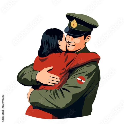 Soldier embracing family with love, evokes remembrance and peace