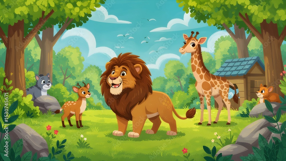 Naklejka premium A charming cartoon depicts a friendly lion with other adorable animals in a vibrant forest scene, ideal for children's content.