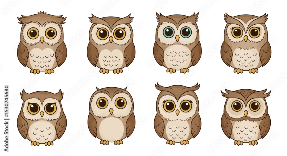 Fototapeta premium Adorable Owl Illustrations Eight Cute Cartoon Owls for Design Projects