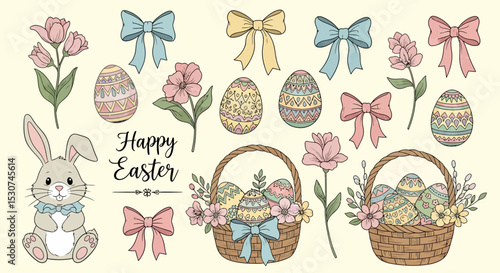 Adorable Easter Bunny, Eggs, Flowers & Bows Cute Spring Clipart Collection
