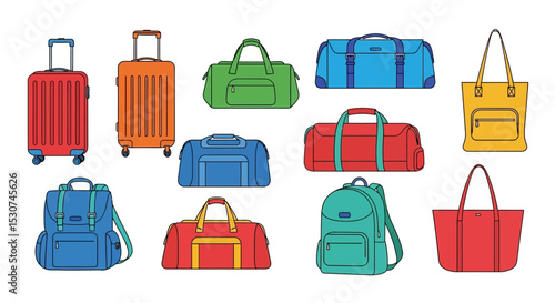 Colorful Travel Bags and Luggage Illustrations Suitcases, Duffel Bags, Totes, and Backpacks