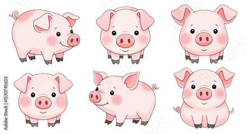 Adorable Cartoon Pig Illustrations Six Poses for Cute Designs