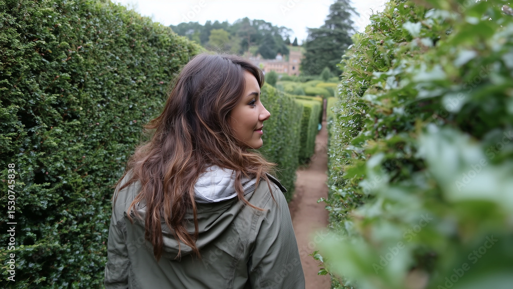 A beautiful woman walks thoughtfully through a tall hedge maze, surrounded by lush green walls towering above her. Soft natural light filters through, creating a serene and mysterious atmosphere. A beautiful woman walks thoughtfully through a tall hedge maze, surrounded by lush green walls towering above her. Soft natural light filters through, creating a serene and mysterious atmosphere.
