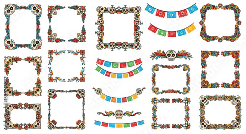 Dia de Muertos Floral and Skull Frames, Banners, and Design Elements
