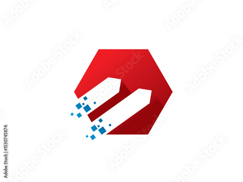 Modern illustration of a hexagon, two ascending arrows, representing progress and innovation. The geometric forms and color palette create a sense of dynamism.