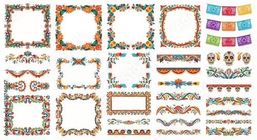 Vibrant Floral and Skull Day of the Dead Design Elements Frames, Borders, and Banners