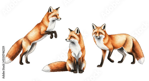 Three Red Foxes Watercolor Illustration Wildlife Art Print