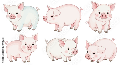 Adorable Watercolor Pig Illustrations Six Cute Piglets in Various Poses