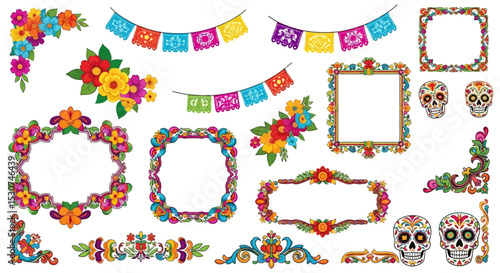 Vibrant Mexican Fiesta Floral Frames, Banners, and Sugar Skulls Digital Design Elements